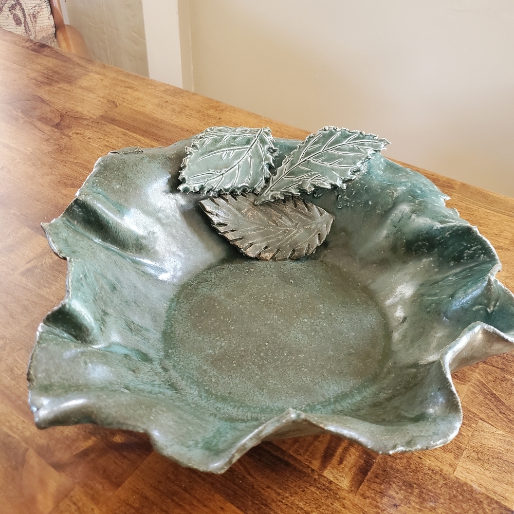 Handmade Green Leaf Embelished Decorative Pottery Bowl